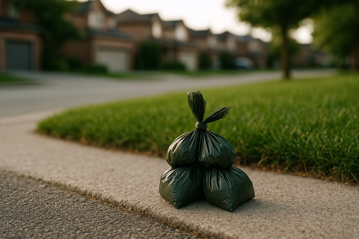 Three tied dog-waste bags stacked at the edge of a suburban driveway