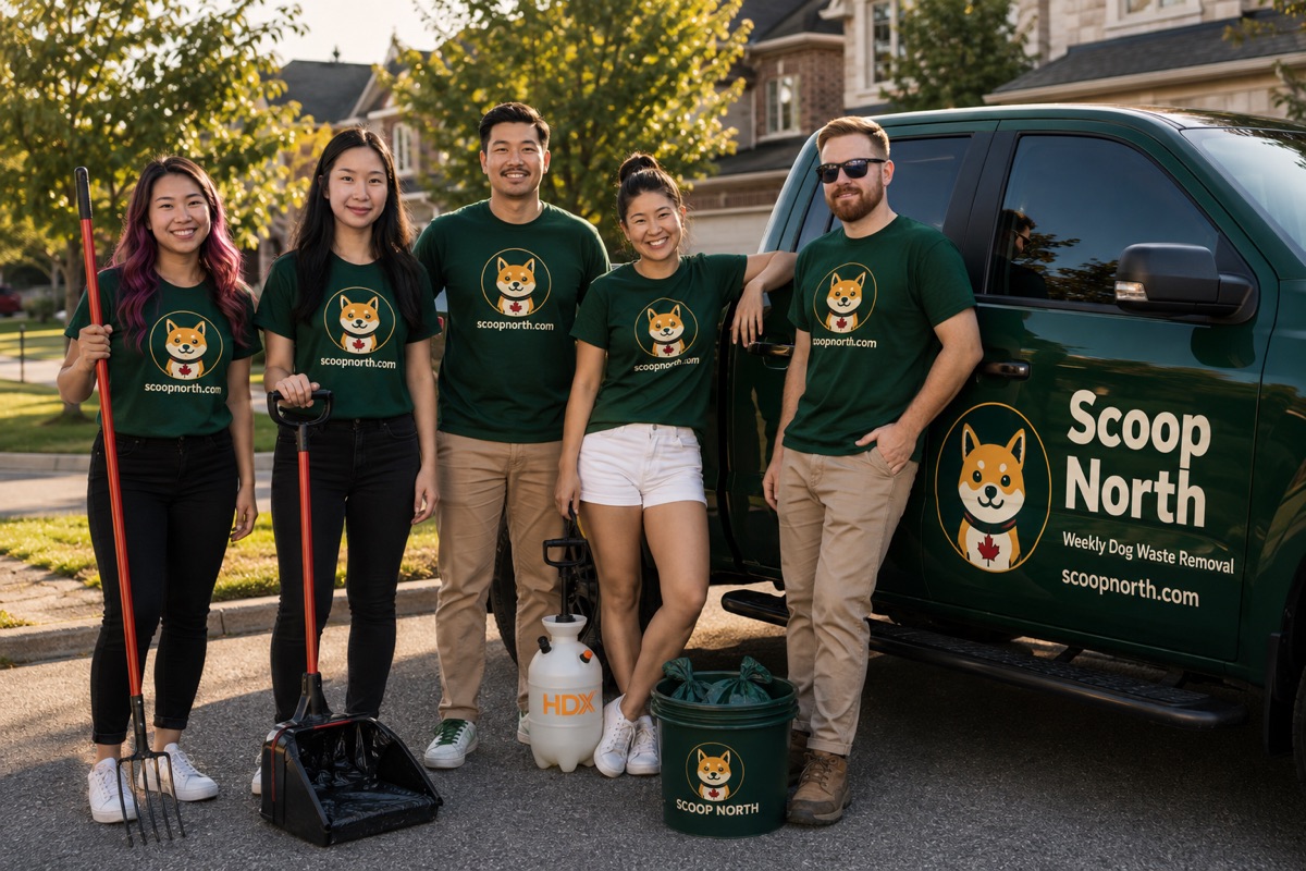 The Scoop North crew with rakes, scoopers and their green truck on a Maple street
