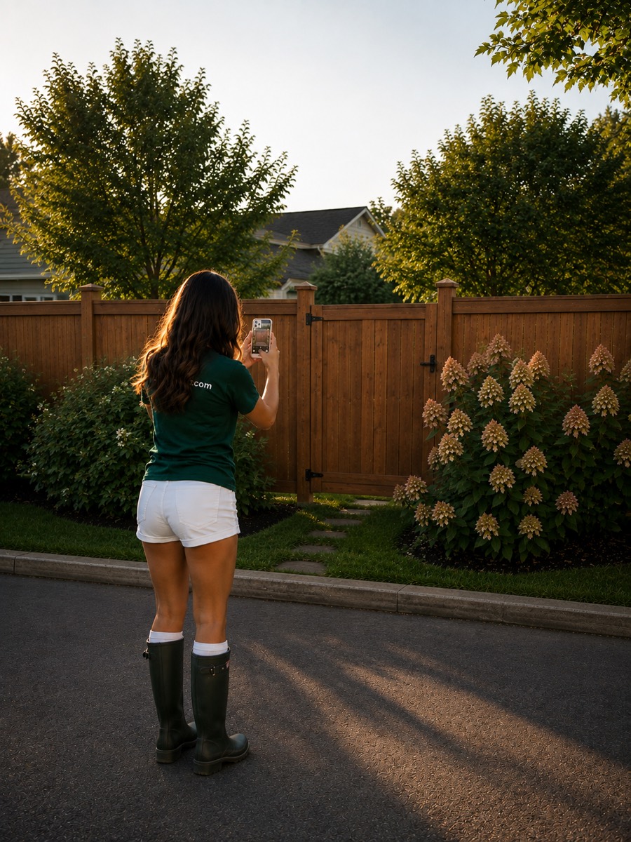 A Scoop North tech photographing a latched backyard gate at golden hour